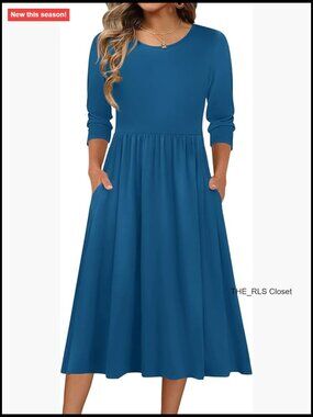 3/4 Sleeve A-Line Midi Tshirt Dress with Pockets, Polyester Spandex